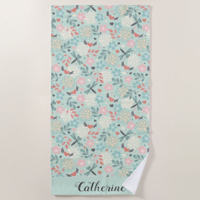 Dragonflies and Hearts Floral Beach Towel (Front)