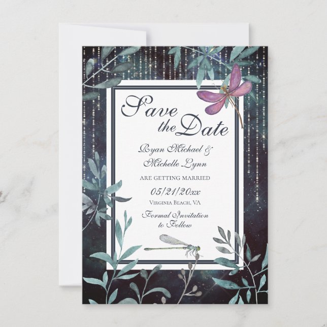 Dragonflies and Lights Evening Garden Wedding Save The Date (Front)