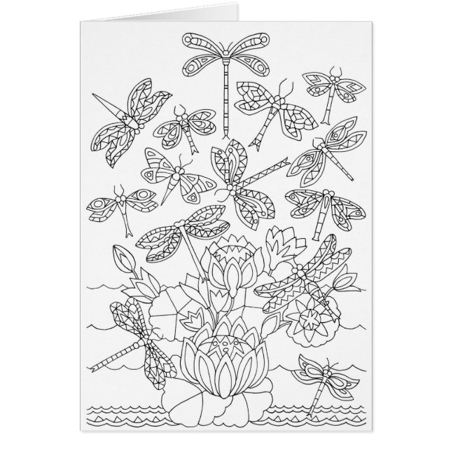 Dragonflies and Lilies Colouring Card (Front)
