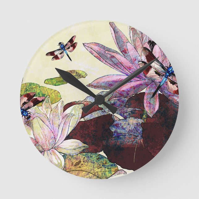 DRAGONFLIES AND LOTUS.jpg Round Clock (Front)