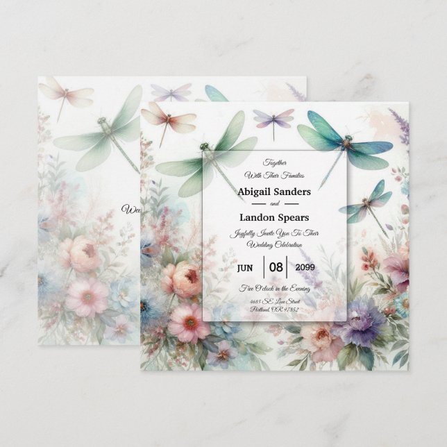 Dragonflies and Pastel Florals Wedding Invitation (Front/Back)