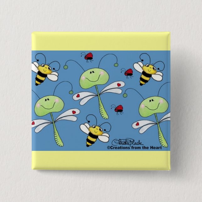Dragonflies, Bees and Ladybugs Collage 2 Inch Square Button (Front)