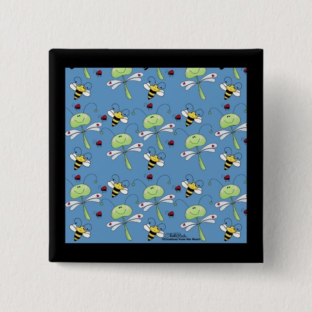 Dragonflies, Bees and Ladybugs Collage 2 Inch Square Button (Front)