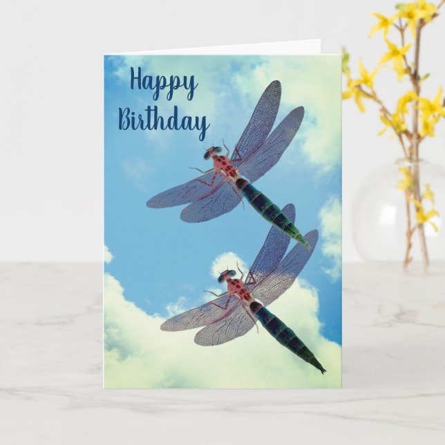 Dragonflies Blue Sky Nature Carte d'anniversaire (Fleur jaune)