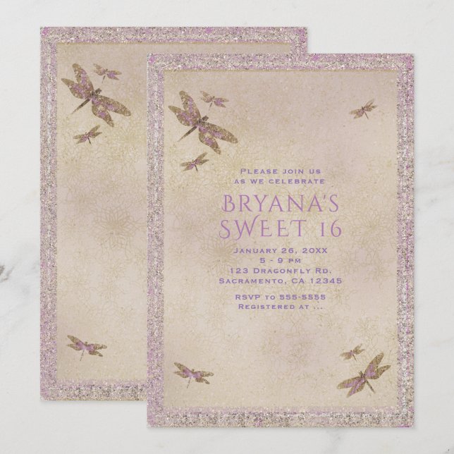 Dragonflies de violet et d'or Invitations de libel (Devant / Derrière)