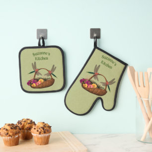 Dragonflies Flower Basket Personalized Oven Mitt & Pot Holder Set