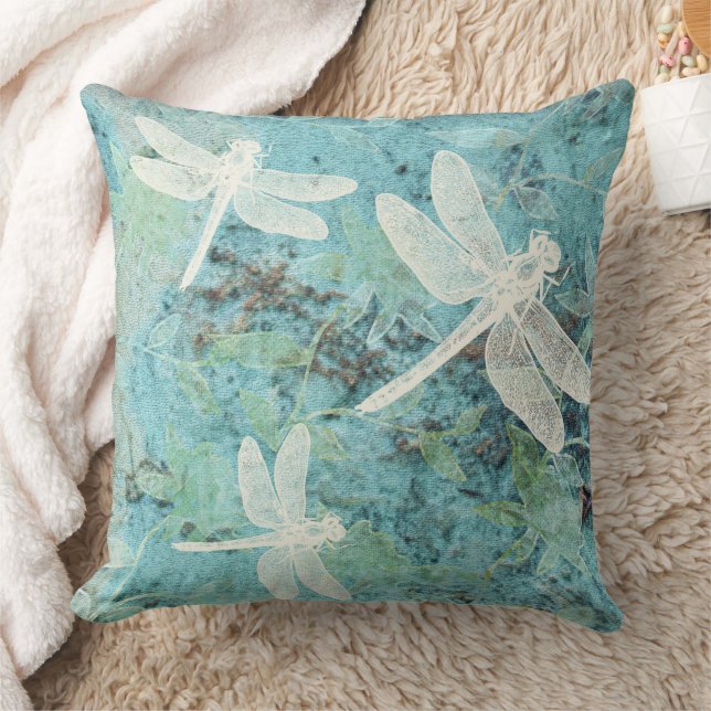 Dragonflies Flowers Pattern Teals Blues Throw Pillow (Blanket)