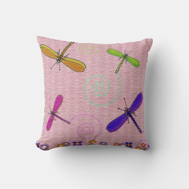 Dragonflies & Flowers Throw Pillow (Front)