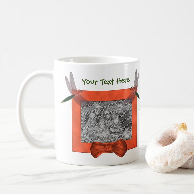 Dragonflies Frame Add Photo Personalized Coffee Mug (With Donut)