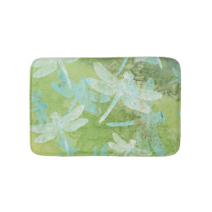 Dragonflies Green Teal Cream Pattern Bath Mat