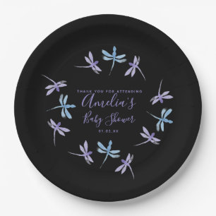 Dragonflies Hand Painted Baby Shower Black Paper Plate