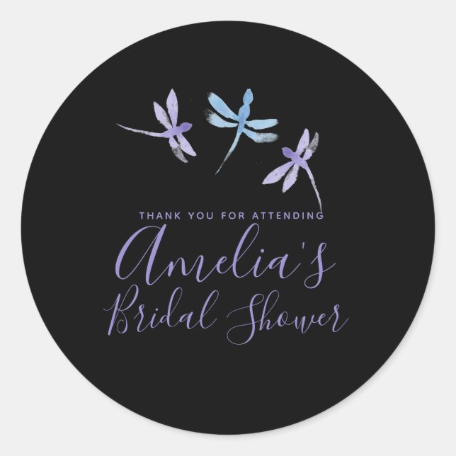 Dragonflies Hand painted Black Bridal Shower  Classic Round Sticker (Front)