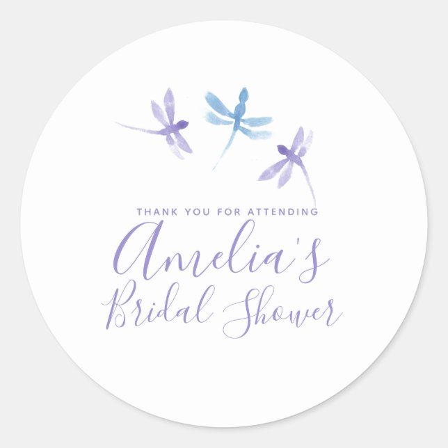Dragonflies Hand painted Purple  Bridal Shower  Classic Round Sticker (Front)