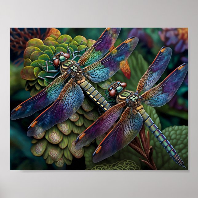 Dragonflies in a Colourful Garden Poster (Front)