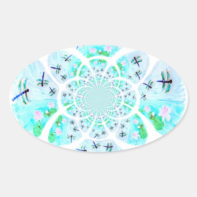 Dragonflies, Lily Flowers Patterned Oval Sticker (Front)