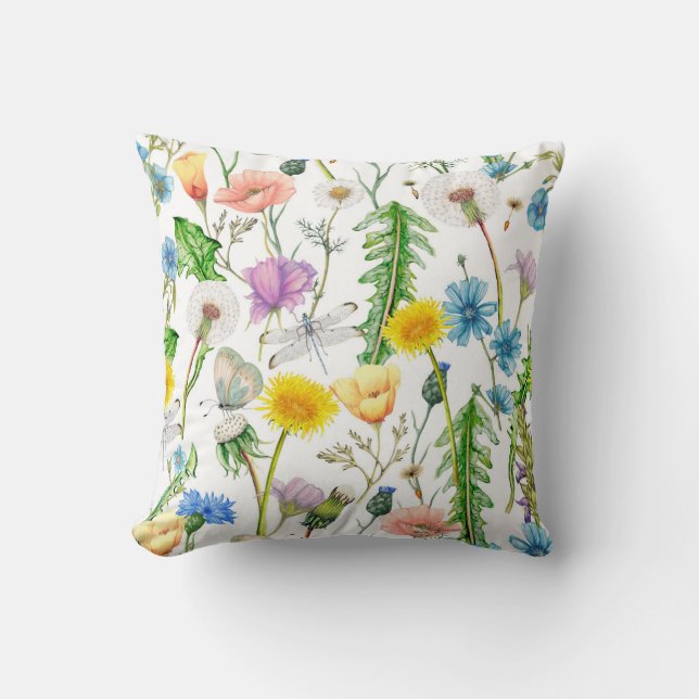 Dragonflies on Wildflowers Throw Pillow (Front)