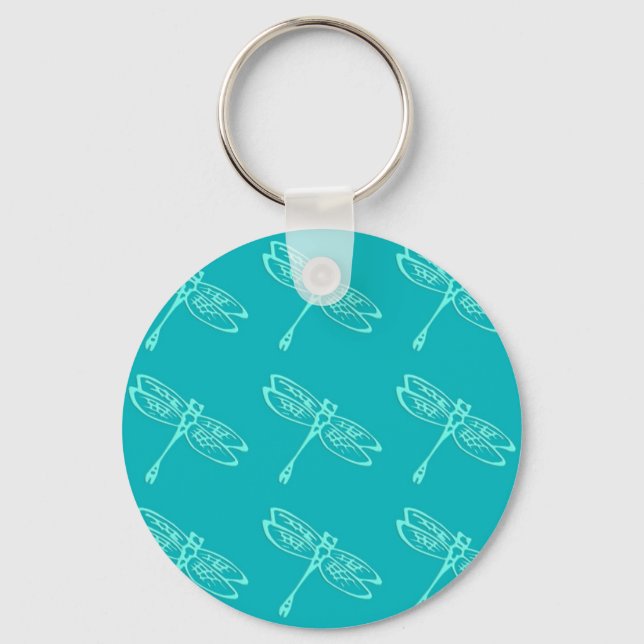 Dragonflies, pale aqua on turquoise keychain (Front)
