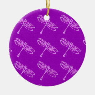 Dragonflies, pale orchid on deep purple ceramic ornament