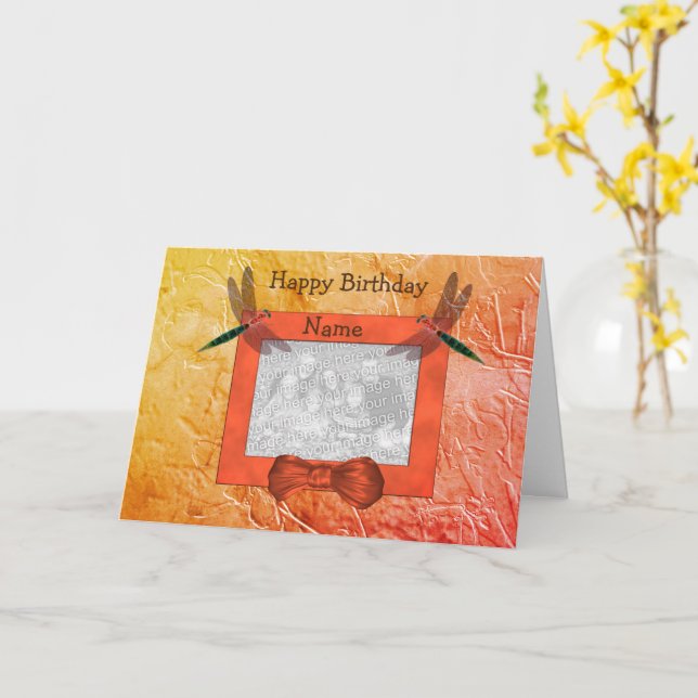 Dragonflies Personalized Photo Birthday Card (Yellow Flower)