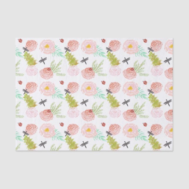Dragonflies Roses Watercolor Garden Tissue Paper (Front)