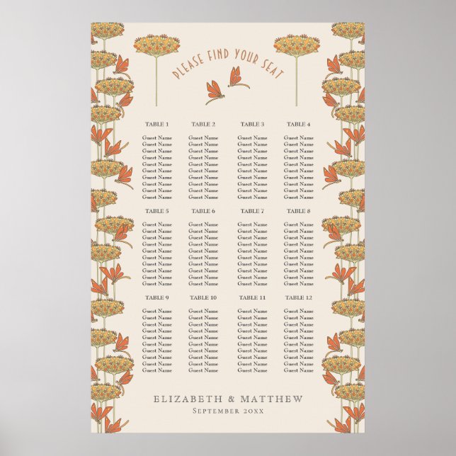 Dragonflies Seating Chart Wedding Art Nouveau (Front)