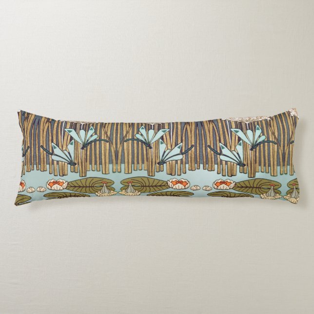 Dragonflies Water Lilies Marsh Art Nouveau Body Pillow (Front)