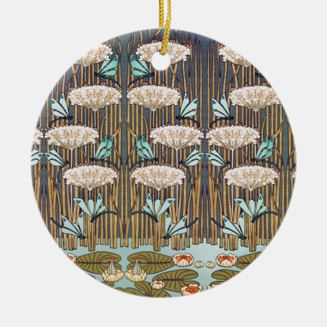 Dragonflies Water Lilies Marsh Art Nouveau Ceramic Ornament (Front)