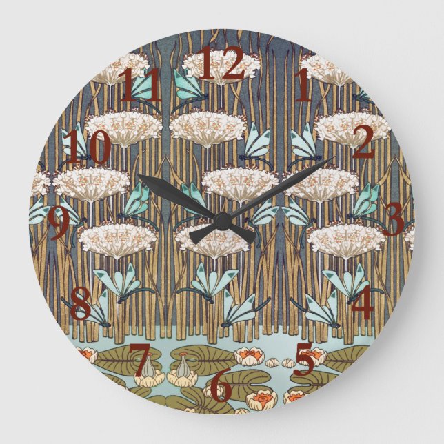 Dragonflies Water Lilies Marsh Art Nouveau Large Clock (Front)