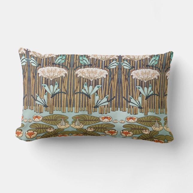 Dragonflies Water Lilies Marsh Art Nouveau Lumbar Pillow (Front)