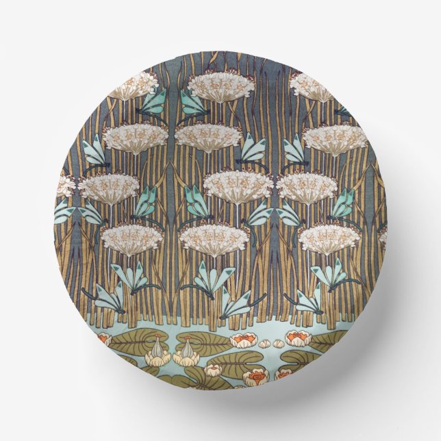 Dragonflies Water Lilies Marsh Art Nouveau Paper Plate (Front)