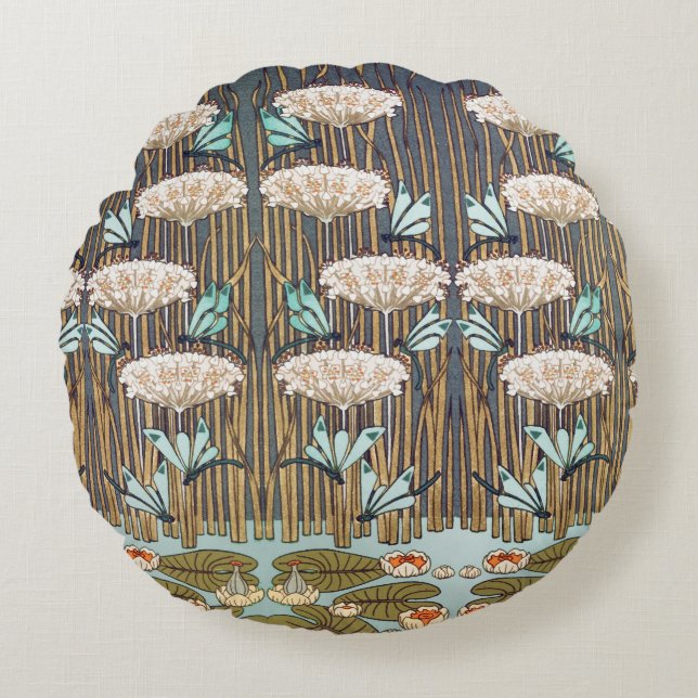 Dragonflies Water Lilies Marsh Art Nouveau Round Pillow (Front)