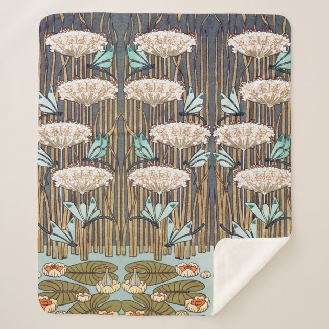 Dragonflies Water Lilies Marsh Art Nouveau Sherpa Blanket (Front)