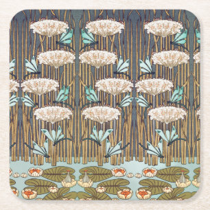 Dragonflies Water Lilies Marsh Art Nouveau Square Paper Coaster