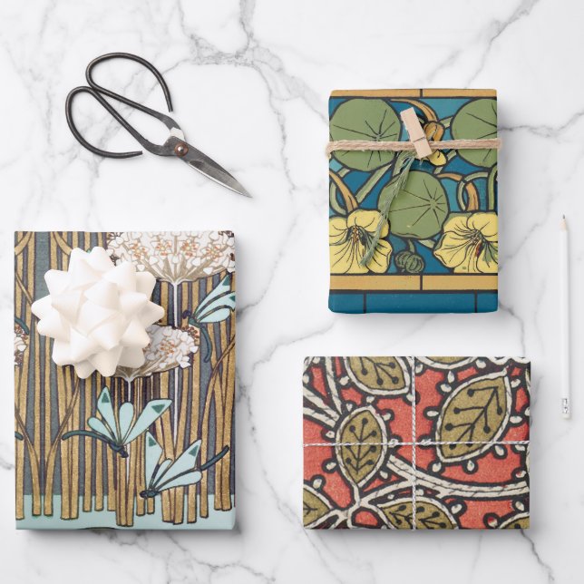 Dragonflies Water Lilies Marsh Art Nouveau Wrapping Paper Sheet (Front)