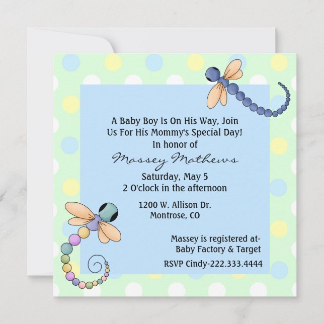 Dragonflies Whimsical Baby Boy Shower Invitation (Devant)