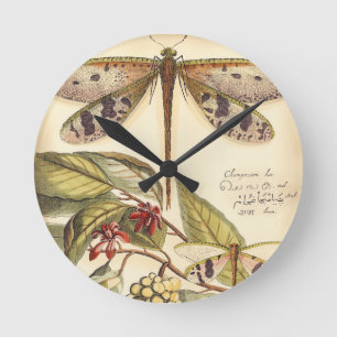 Dragonflies with Leaves and Fruit Round Clock