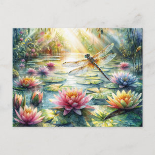 Dragonfly Above Pond Watercolor Postcard