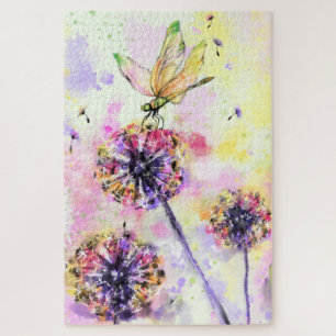 Dragonfly and Dandelions - Watercolor Painting  Jigsaw Puzzle