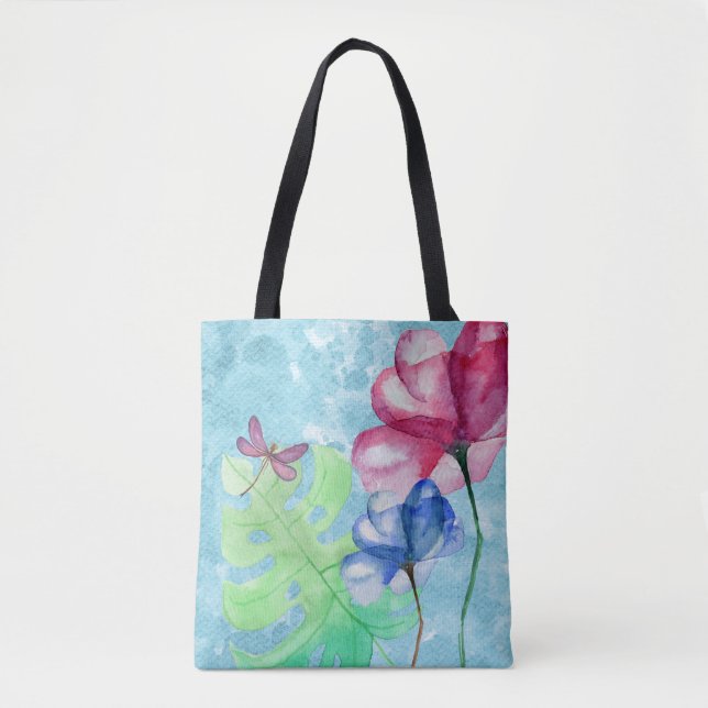 Dragonfly And Floral Watercolor Wash Tote Bag (Front)