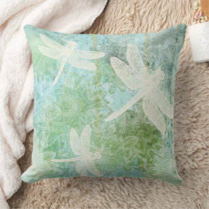 Dragonfly And Flower Cream Blue Green Pattern Throw Pillow