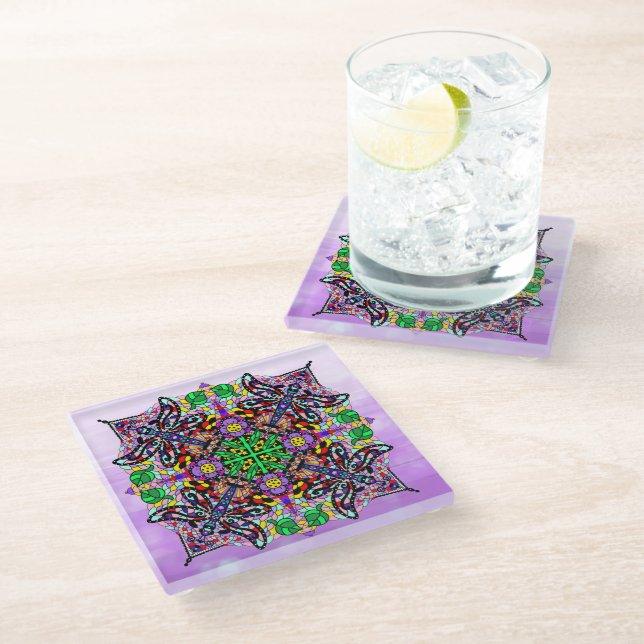 Dragonfly and Flower Themed Purple Colourful  Glass Coaster (Angled)