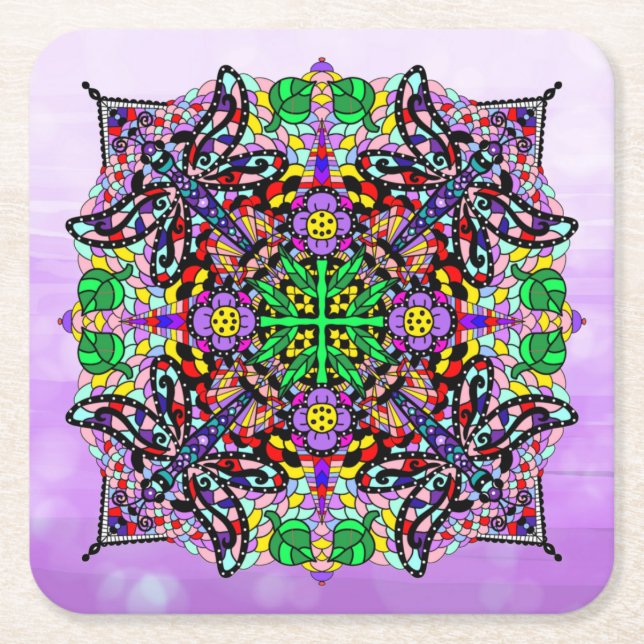 Dragonfly and Flower Themed Purple Colourful   Square Paper Coaster (Front)