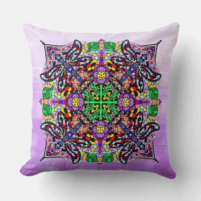 Dragonfly and Flower Themed Purple Colourful Throw Pillow (Front)