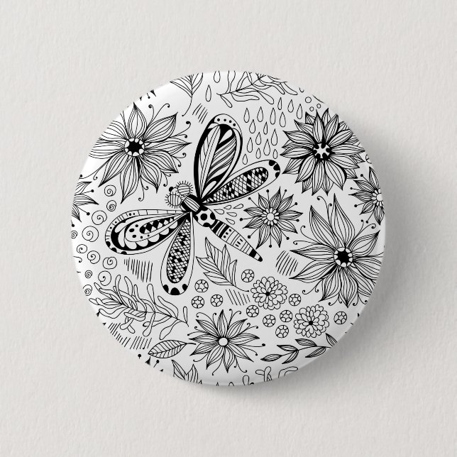 Dragonfly and flowers doodle 2 inch round button (Front)