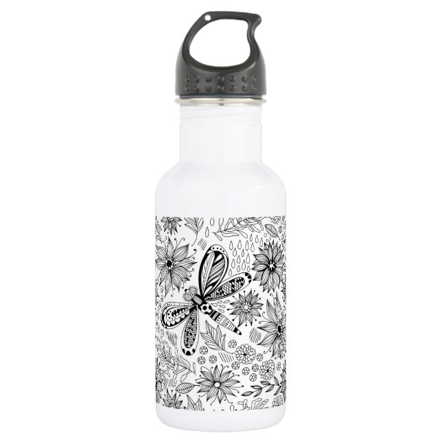 Dragonfly and flowers doodle 532 ml water bottle (Front)