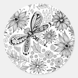 Dragonfly and flowers doodle classic round sticker