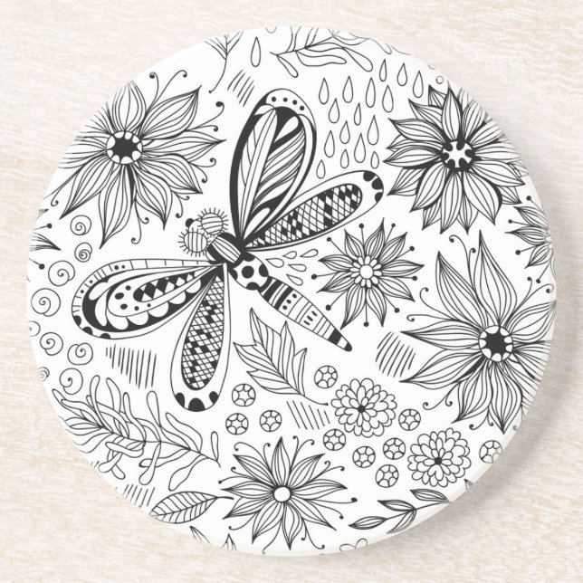 Dragonfly and flowers doodle coaster (Front)