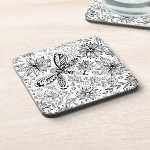 Dragonfly and flowers doodle coaster