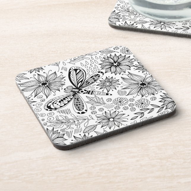 Dragonfly and flowers doodle coaster (Left Side)