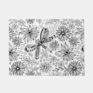Dragonfly and flowers doodle doormat